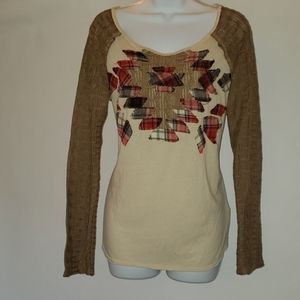 We The Free Cream & Brown Top w/Patchwork